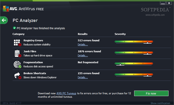 Panel showing scan results for PC Analzyer in AVG Antivirus Free